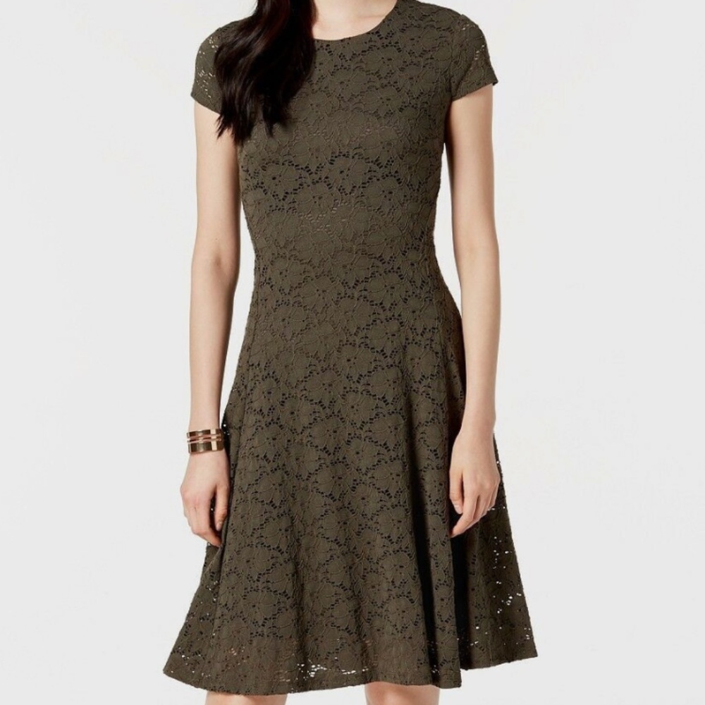 Alfani || urban olive fit and flare lace dress